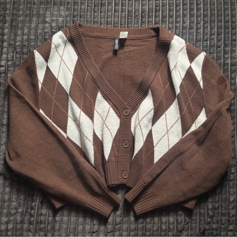 Divided Brown and White Argyle Cardigan Sweater